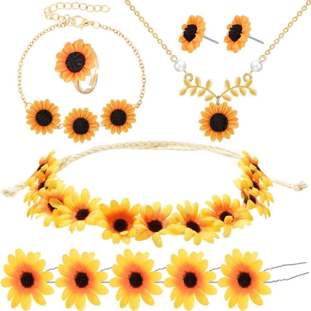 10 Pieces Sunflower Hair Accessories Sunflower Necklace Earrings Bracelet Ring S